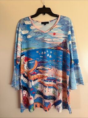 Vivid Coastal-Print V-Neck Tunic Top - Women's Blue